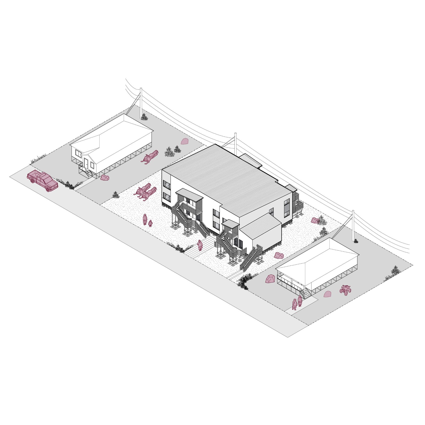 A 3D line rendering of the sixplex, which has a building area of approximately 4,146.4 square feet. It is shown within a residential neighbourhood. 